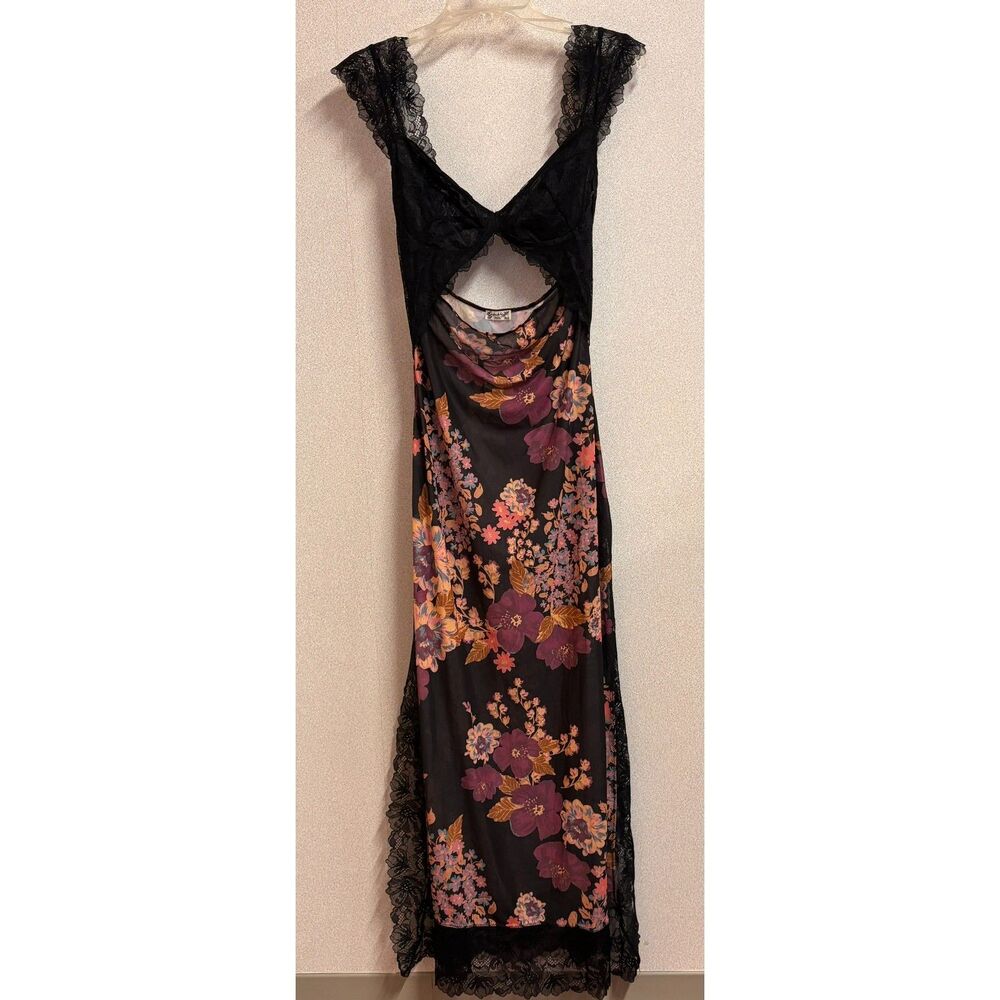 NWT Intimately Free People Suddenly Fine Maxi Slip Dress Black Floral Lace